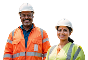 Two builders smiling and looking at the camera, young adult Indian woman and middle aged African man wearing safety helmet and vest, standing and isolated on white or transparent background