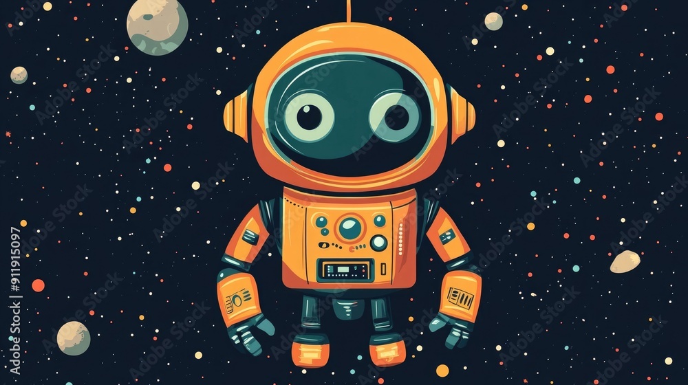 Poster curious and friendly robotic astronaut exploring the vast and mysterious space surrounded by colorfu