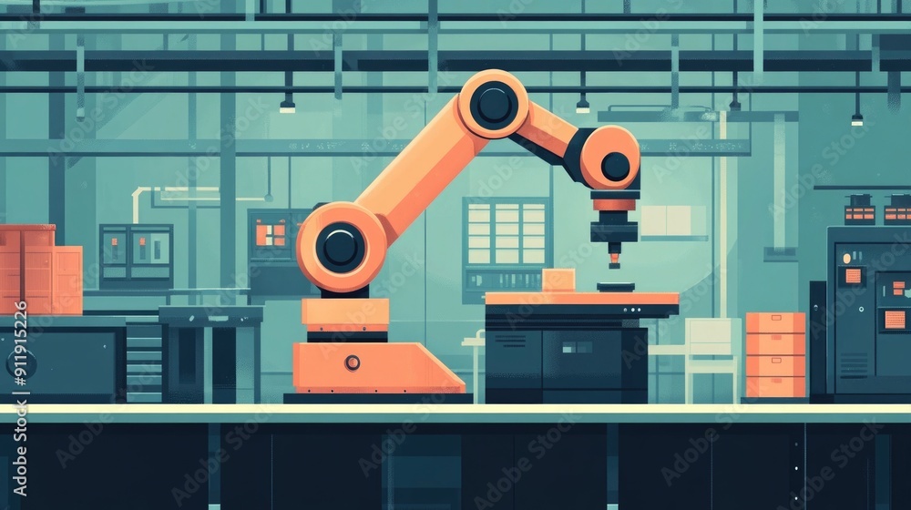 Poster robotic arm performing precision tasks in an automated manufacturing environment showcasing the effi