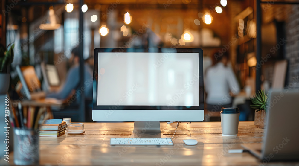 Aufkleber mockup of blank screen desktop computer and blurry people working at creative office background. gen