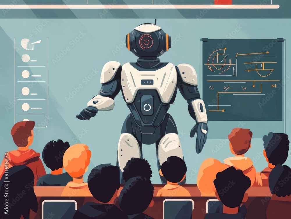 Poster robot instructor standing in front of a class delivering a presentation or lecture using a digital b