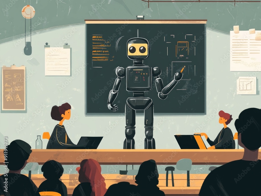 Poster of a robot instructor teaching a group of students in a modern futuristic classroom setting using a 