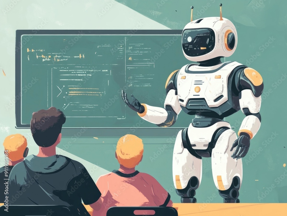 Poster of a robot teaching students in a modern classroom setting using a flat design style