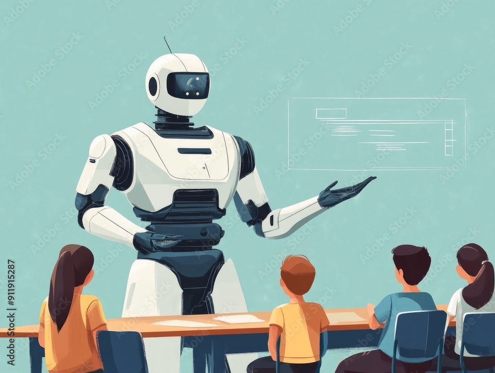 Poster of an advanced robot instructor standing in front of a class of students teaching and interacting with them in a modern futuristic classroom setting with digital screens and a minimalistic