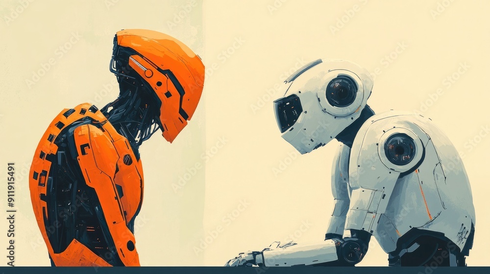 Poster featuring a flat design robotic assistant or with high tech futuristic and modernistic elements repr