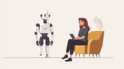 of a robot assistant working collaboratively with a woman using a laptop in a modern minimalist office environment  Depicting the of intelligence and technology in the professional workspace