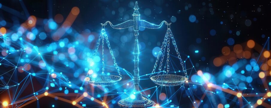 AI fairness visualized as balanced scales, top view, illustrating unbiased decisionmaking, advanced tone, Vivid, uhd,