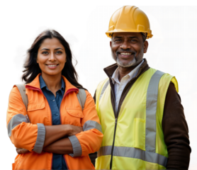 Engineers, construction workers standing, builders or supervisors, young adult Indian woman and middle aged African man wearing helmet and safety uniform isolated on white or transparent background