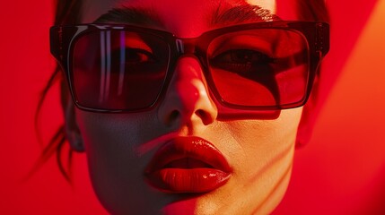 Person wearing red glasses with focused light on face.
