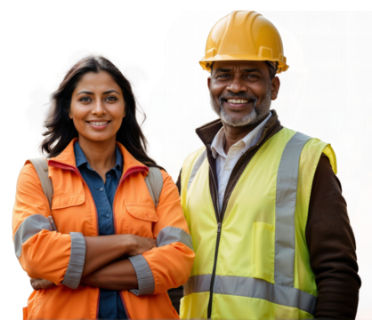 Engineers, construction workers standing, builders or supervisors, young adult Indian woman and middle aged African man wearing helmet and safety uniform isolated on white or transparent background