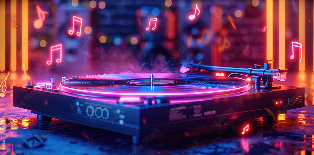 Fototapete a neon record player with spinning discs and musical notes floating around it. generative ai.