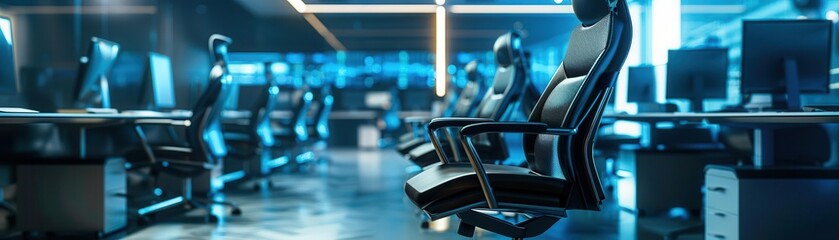 Fototapeta premium Ergonomic chairs in a futuristic coding office, side view, depicting comfort and design, futuristic tone, Analogous Color Scheme, uhd,