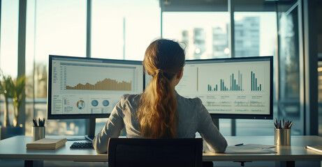 A business woman sits at her desk in an office, using two monitors to view and display graphs and data analytics on both screens, creating charts for company performance.