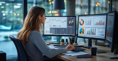 A business woman sits at her desk in an office, using two monitors to view and display graphs and data analytics on both screens, creating charts for company performance.