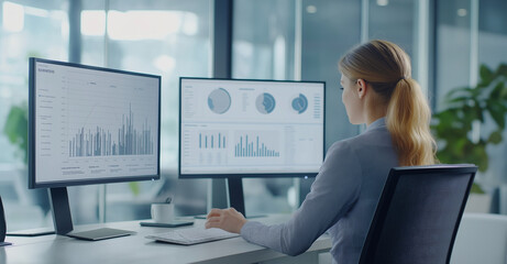 A business woman sits at her desk in an office, using two monitors to view and display graphs and data analytics on both screens, creating charts for company performance.