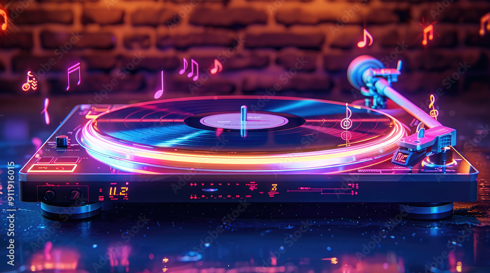 Leinwandbilder a neon record player with spinning discs and musical notes floating around it. generative ai.