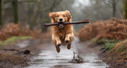 Golden Retriever dog running in the forest with a stick in its mouth, with motion blur. The golden retriever is carrying a stick and jumping over a mud puddle on a path during a rain storm