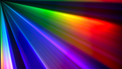 Rainbow gradient dispersion glowing rays and flare effects on dark background. Dynamic design with colorful flowing vibrant radiant beams for creative poster, banner or cover. Vector illustration