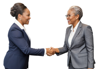 Two middle aged African female managers smiling and shaking hands, executive women making business, collaborating in partnership or alliance, isolated on white or transparent background