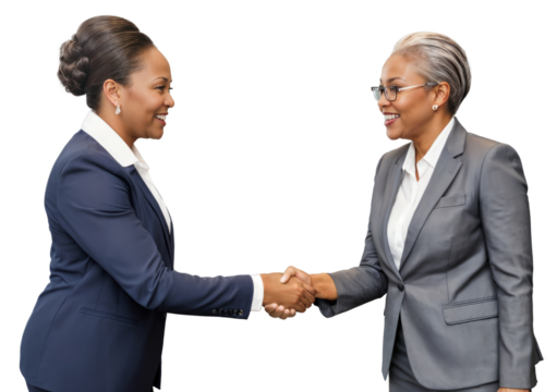 Two middle aged African female managers smiling and shaking hands, executive women making business, collaborating in partnership or alliance, isolated on white or transparent background