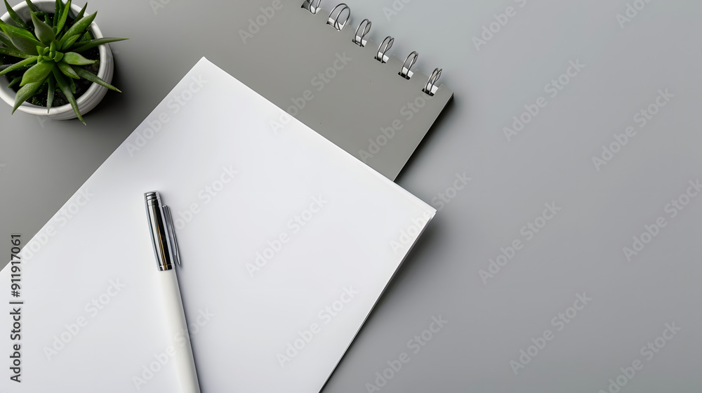 Poster white paper and pen on gray background with space for text top down view of work area