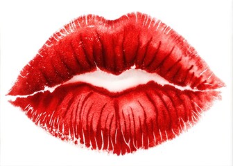 Imprint of red lipstick on a white background, isolated. Makeup female lips close up. Concept of love, makeup and beauty. Sexy red lips on white, kiss. Trace of lipstick.