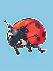 Obraz premium Cute cartoon ladybug with big eyes and red shell on a blue background.
