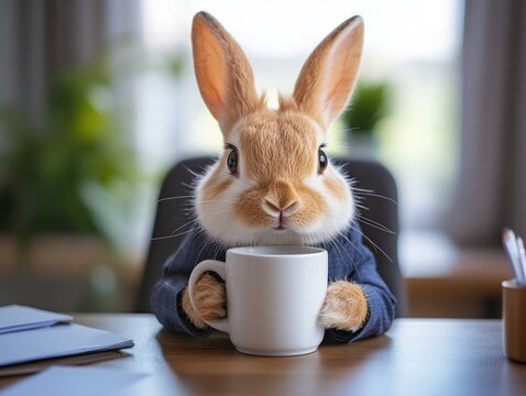 A cute rabbit character wearing a sweater, holding a coffee cup in a cozy room, perfect for whimsical and cheerful themes.