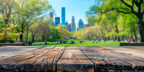 Fototapeta premium A empty wooden table with a view of a city and a park. Central Park