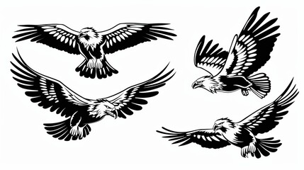 Fototapeta premium Black and white silhouettes of eagles in mid-flight