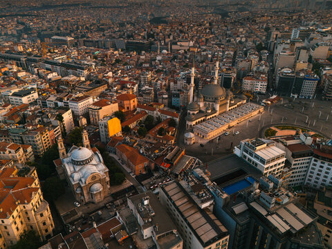 Aerial View of Istanbul's Taksim Square and Mosques