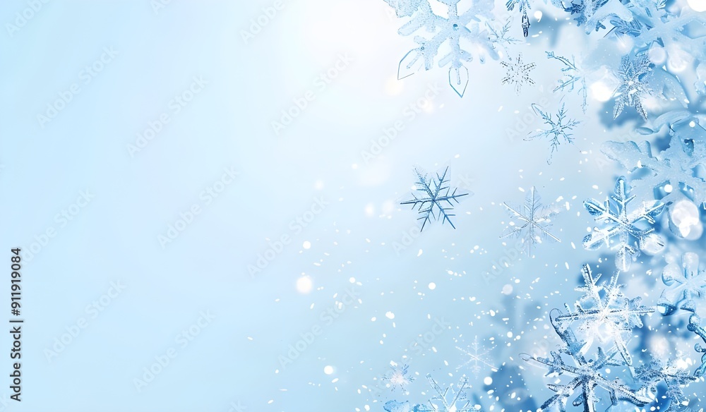 Poster a background of light blue with snowflakes falling in the center, creating an atmosphere suitable fo
