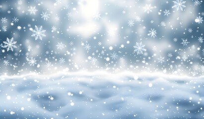 Fototapeta premium A light blue background with snowflakes falling, creating an atmosphere of winter and frosty beauty. The background is a soft gradient from top to bottom in shades of white, blue, and gray.
