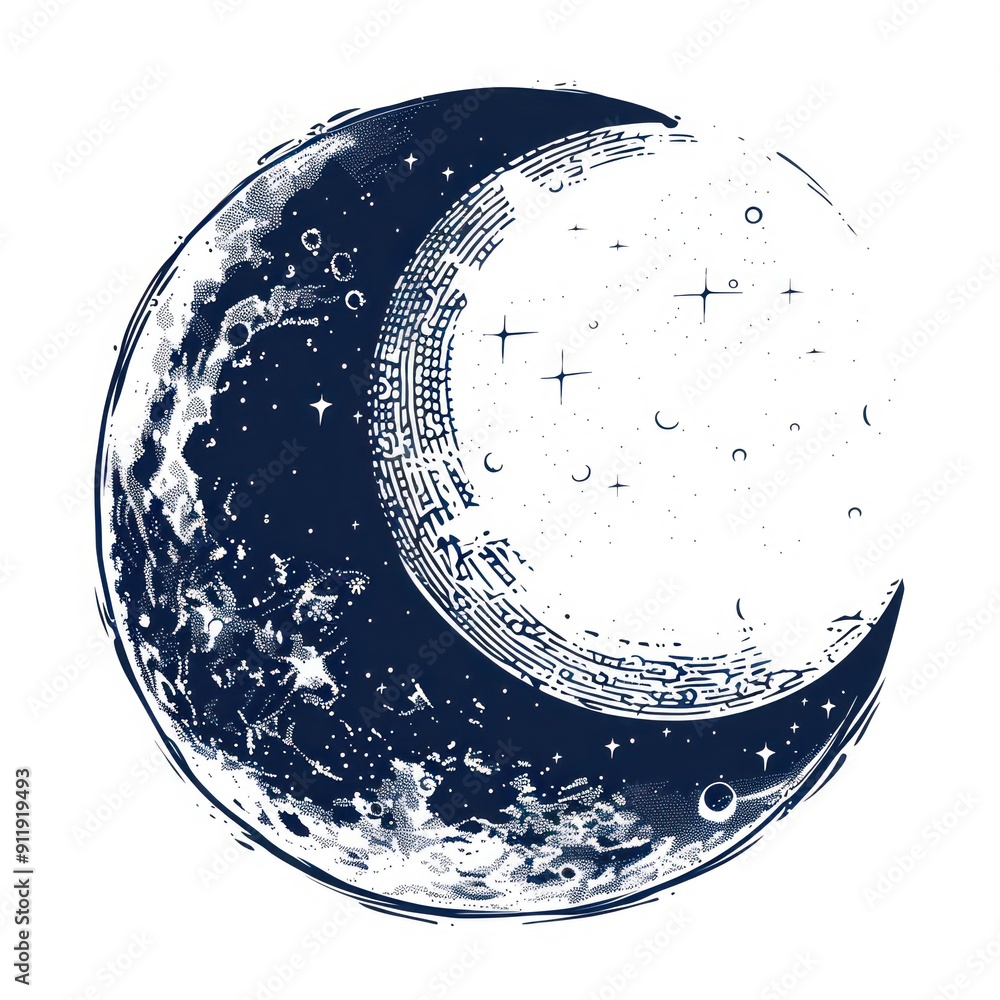 Wall mural Detailed crescent moon with stars in a midnight blue color scheme.