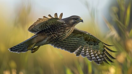 Obraz premium Hawk in mid-flight with blurred background of greenery.