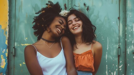 Two friends in colorful attire sharing joyful moment