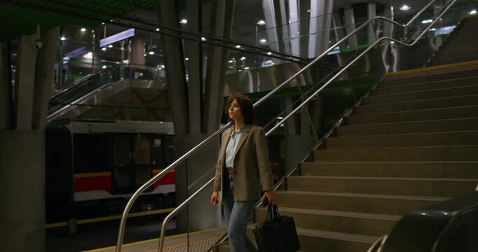A stylish woman with a briefcase goes down to the railway platform. Dimmed lights. Metro station