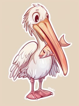 recommend clip art: Cartoon illustration of a pelican with a fish in its beak.