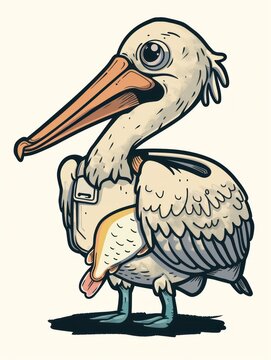 recommend clip art: Cartoon pelican with a fish in its beak, on a white background.
