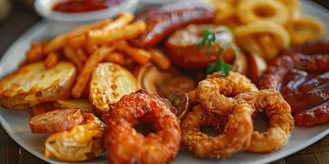 Assorted Fried Snack Plate with Chicken Onion Rings Potato and Sausage