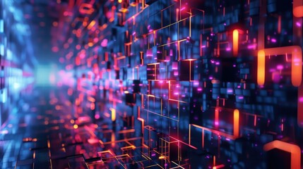 Fototapeta premium Neon Cube Grid: Abstract Digital Technology Background