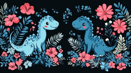 Fototapeta premium Two Cute Dinosaurs in a Floral Garden
