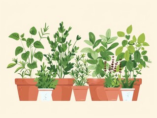 Fototapeta premium A row of potted herbs with green leaves and brown pots on a white background.