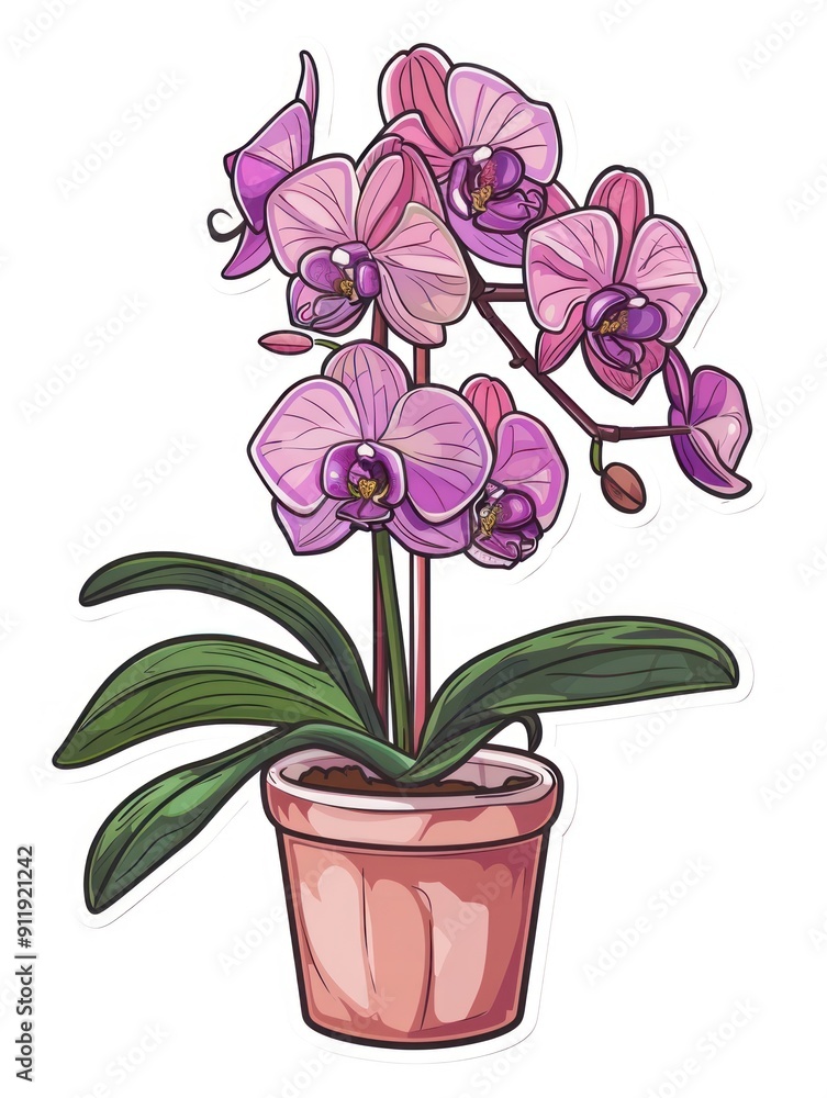 Canvas Prints Pink orchid in a brown pot with green leaves.