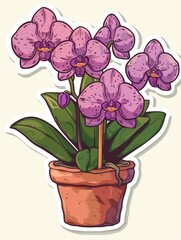 Pink orchid plant in a brown pot.