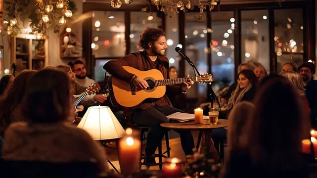 A man in a vintage bar enjoying live music and drinks with people at a nighttime concert