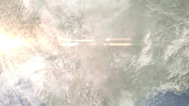 Earth zoom in from space and focus on Clovis, New Mexico, USA. Background for travel intro or blog. Satellite view. 3D style Animation. Images from NASA.