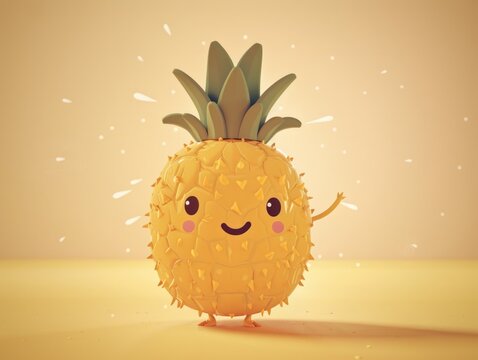 Cute pineapple character smiling with spiky texture on yellow background.
