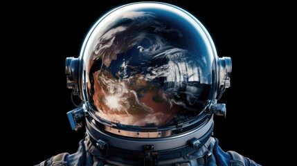 Astronaut helmet with the reflection of the planet Earth and stars in the visor