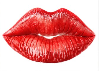 Imprint of red lipstick on a white background, isolated. Makeup female lips close up. Concept of love, makeup and beauty. Sexy red lips on white, kiss. Trace of lipstick.